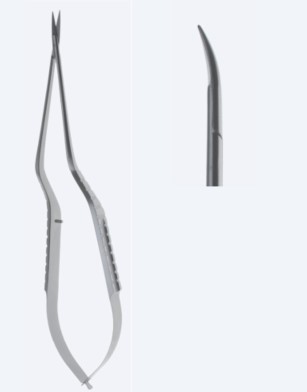 Ножиці, хірургічні, мікро, байонетної форми, вигнуті, гострокінцеві, загальна довжина 185 мм, 7 1/4"